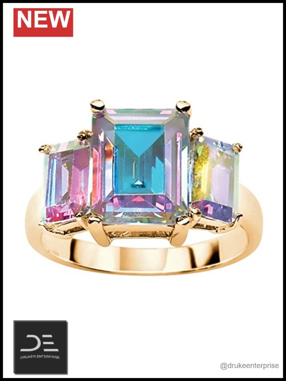 Emerald Cut Aurora Borealis CZ Ring 14k Gold Plated Statement Ring